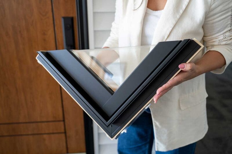 Person holding an angled corner section of a black window frame, showing insulated glass layers, metal exterior cladding, and clean mitered joints at the frame corner.