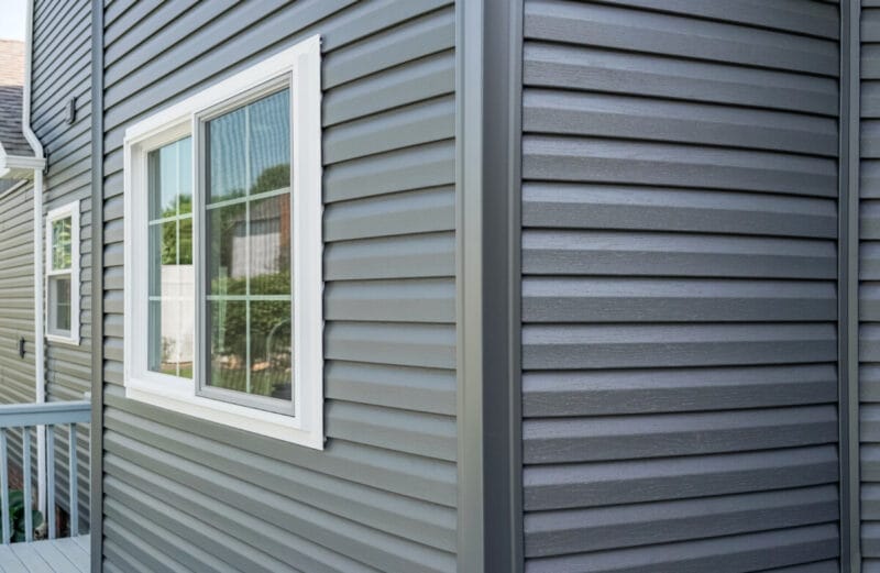 Exterior view of a white-trimmed window set into gray vinyl siding, showing clean corner trim and consistent siding alignment along the home’s wall.