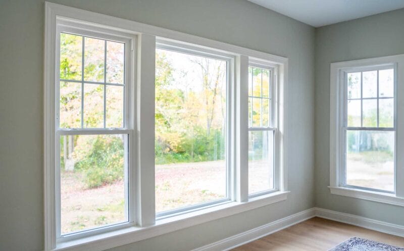 Bright interior room with three white-trimmed double-hung windows and a matching corner window, letting in natural light and showing trees and a gravel drive outside.