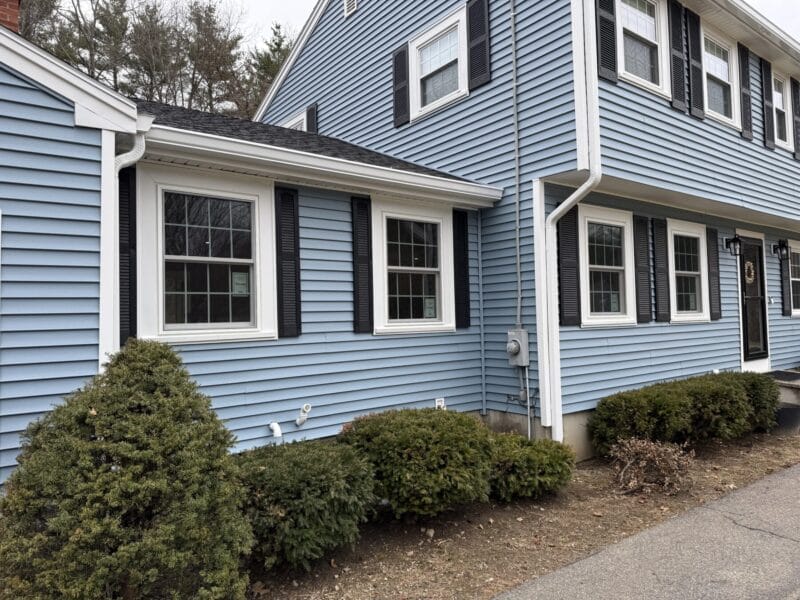 Exterior of a home with blue siding, white-trimmed double-hung windows, and black shutters, with shrubs lining the foundation along a driveway.